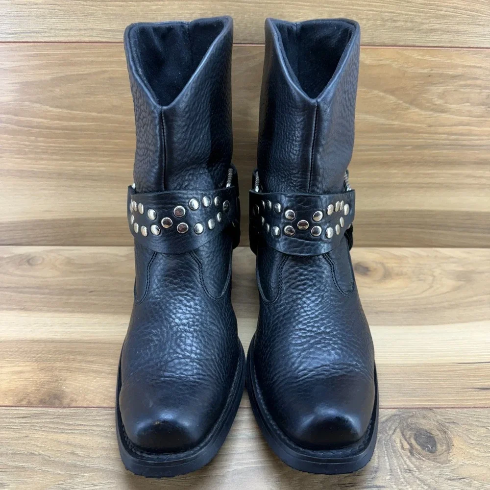 Double H Studded Harness Boots Womens 7.5 M Black Pebble Leather Short Biker - Picture 5 of 11
